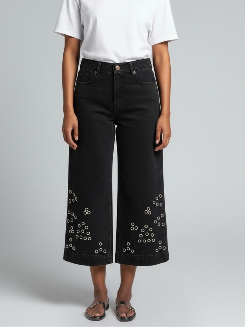 Anthropologie Black Wide-Leg Crop Jeans with Eyelet Detail